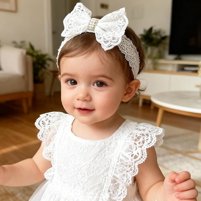 Baby Girls Headband White Bow Lace Headbands Soft Elastic Bowknot Hairbands Cute Hair Accessory for Newborn Kids Infant Toddler Baptism Birthday Party (Rhinestone Pearls)