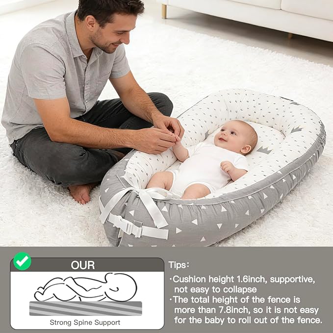 Baby Lounger | Organic Cotton Infant Support Cushion| Reversible, Adjustable & Portable Floor Cushion | Soft, Breathable, Washable Cover