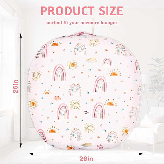 Newborn Lounger Cover for Girls Boys, Removable Soft Baby Lounger Cover, Reversible, Minky, Pink Rainbow & Sun