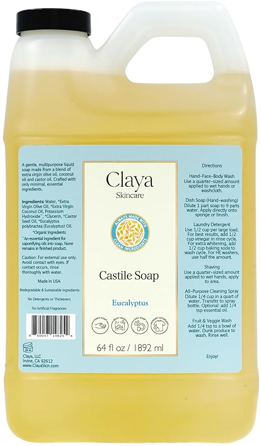 Claya Liquid Castile Soap – Organic Ingredients, Biodegradable, Gentle for Sensitive Skin and Versatile Use (64 fl oz, Eucalyptus)