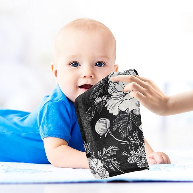 White Flowers Black Baby Washcloths - 3 Pack Muslin Cotton Face Towels for Baby Newborn Girls and Boys - Soft and Absorbent - 11.8 Inch