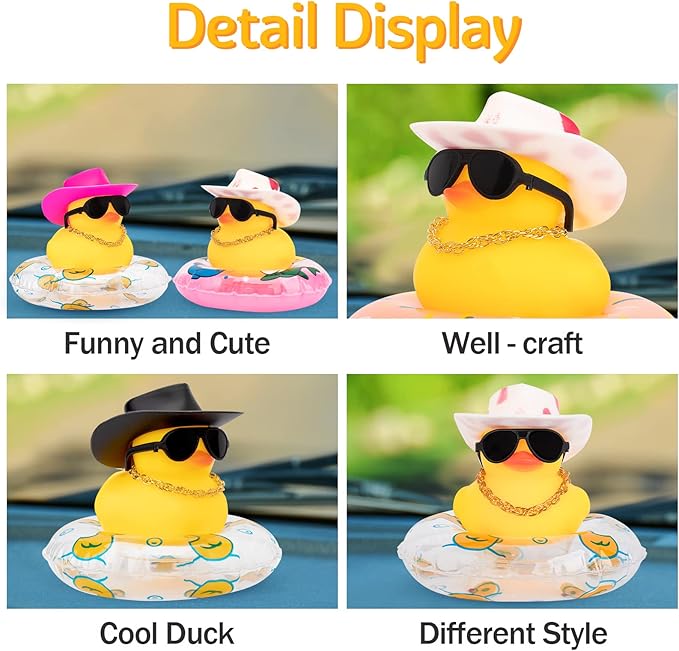 wonuu Car Rubber Duck, Yellow Duck Decoration Dashboard with Sun Hat Swim Ring Necklace Sunglasses for Car Dashboard Decorations, Black Cowboy Hat-Transparent