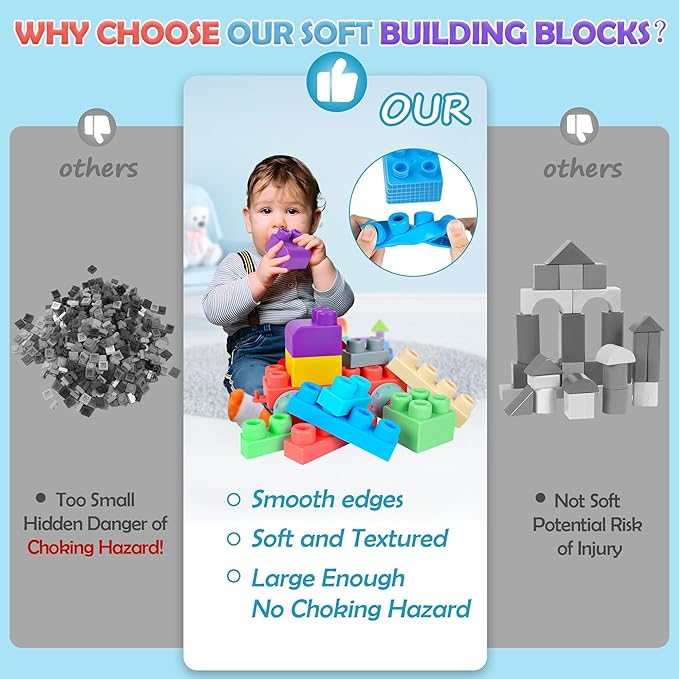 80PCS Baby Building Blocks Set with Storage Bucket, Blocks for Babies 6 Months and Up STEM Educational Toddler Gifts, Rubber Soft Blocks Big Building Blocks Sensory Stacking Toys