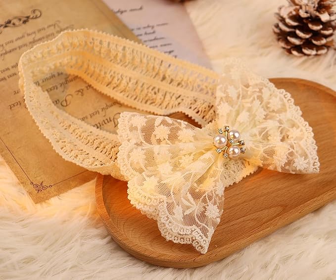 Lace Flower Bow-knot Baby Girls Headband Birthday Infant Wrap Elastic Baby Turban Hairband for Newborn Infant Toddler Kids (Ivory Pearl)