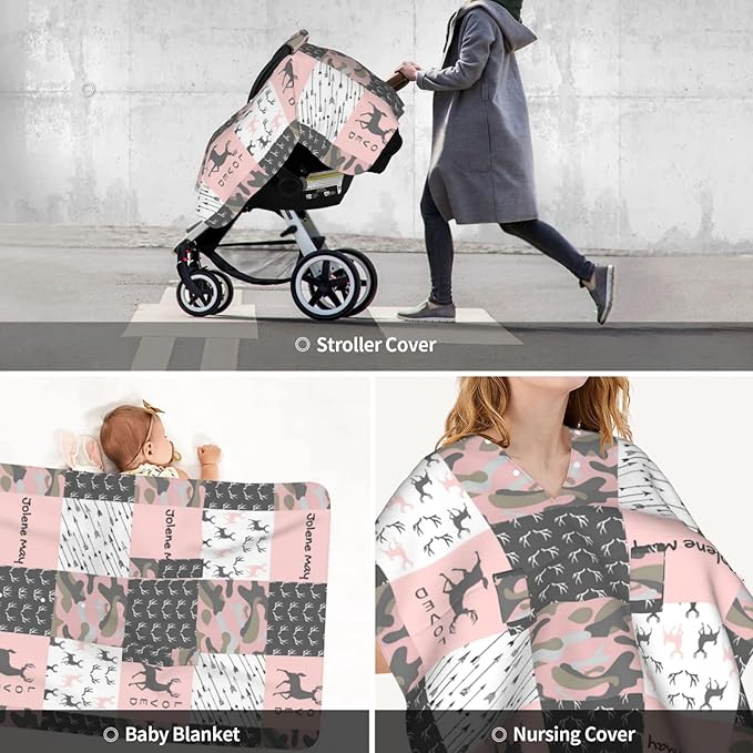 Personalized Pink Woodland Deer Baby Infant Car Seats Canopy for Babies with Name, Custom Multi-use Blankets for Baby Girls, Peekaboo Minky Nursing Breastfeeding Stroller Cover Canopies for Newborn