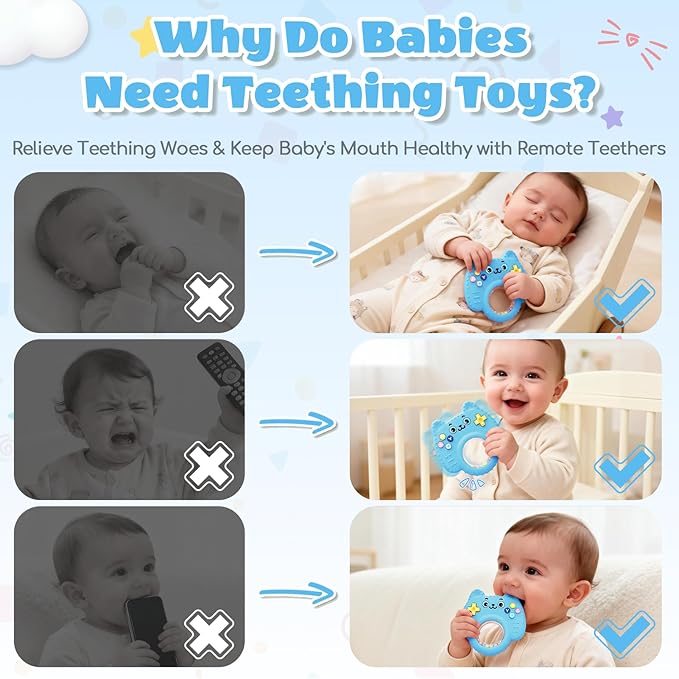 Silicone Baby Teething Toys for 0-6-12 Months, Kitten Remote Rattle Teether for Infant Gum Relief, No BPA Chew Toy for Infant 0-3-6-9-12, Easy-Grip Ring Gift for Travel & Bath