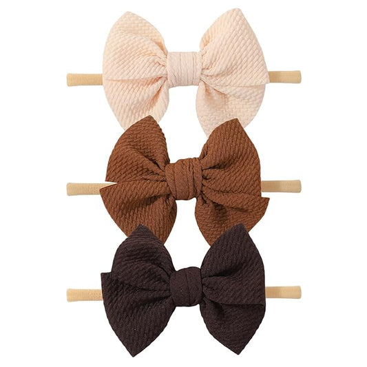 yoyokid 3PCS 4" Baby Girls Bow Headband, Elastic Nylon Hairbands Soft Baby Hairbands with Bows Hair Accessories for Newborn Infant Toddler, Beige Brown Coffee