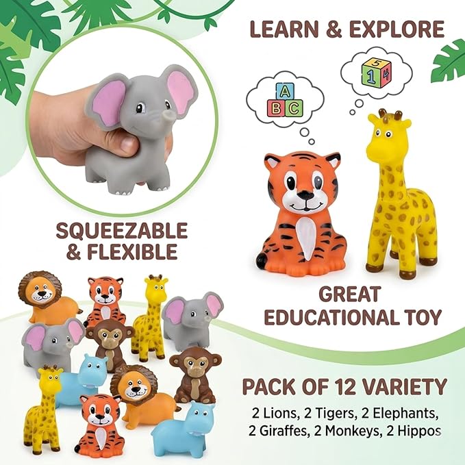 ArtCreativity Vinyl Zoo Animals Toys (Pack of 12) - Assorted Squeezable Toys Safari Animals Figures - Safari Birthday Party Favors for Kids, Jungle Figures for Fun Bath & Play Time
