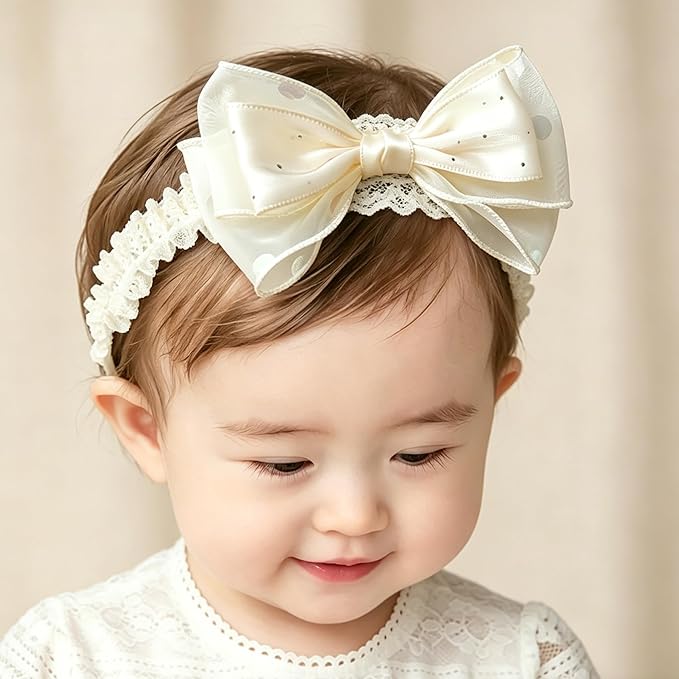 Handmade Baby Girl Headbands in Beige Baby Bows and Floral Lace Headband Bows for Newborns and Toddlers Cute Baby Girl Bows and Newborn Headband Bows