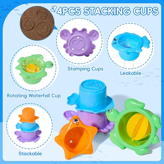 Baby Bath Toys for Kids Ages 1-3, 17PCS Mold-Free Toddler Bath Toys, Colorful Bath Boats & Stacking Cups &Whale Bath Toy, No Hole Floating Tub Toy and Storage Bag, Baby Pool Water Table Toys