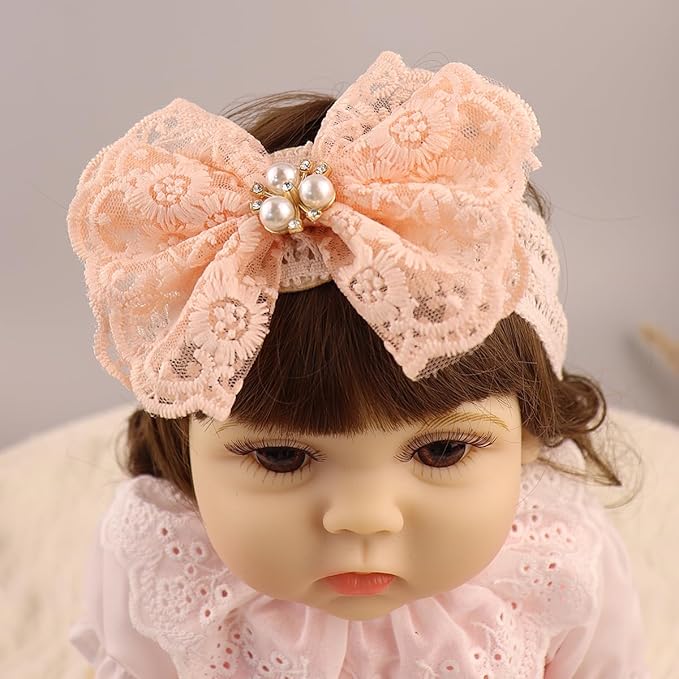 Lace Flower Bow-knot Baby Girls Headband Birthday Infant Wrap Elastic Baby Turban Hairband for Newborn Infant Toddler Kids (Pink pearl)
