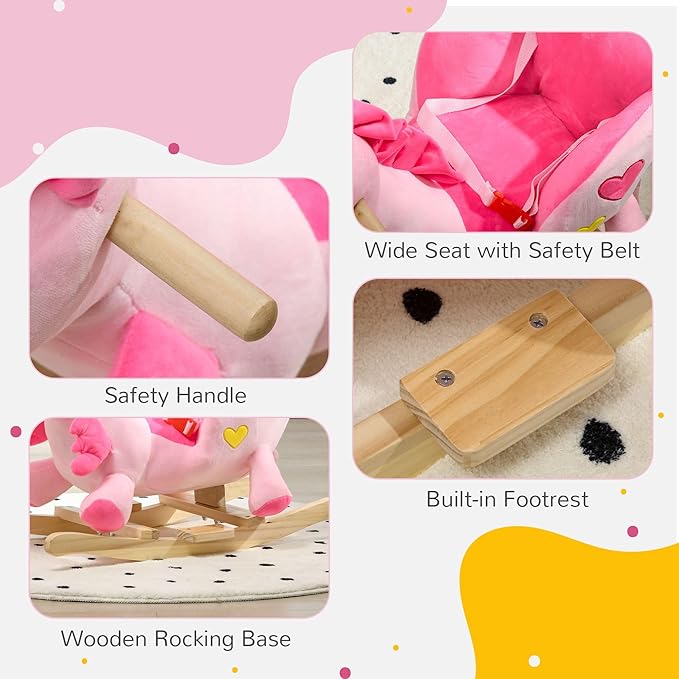 Qaba Baby Rocking Horse, Ride on Unicorn with 32 Songs, Toddler Rocker Toy with Wooden Base Seat Safety Belt for 1.5-3 Year Old, Pink