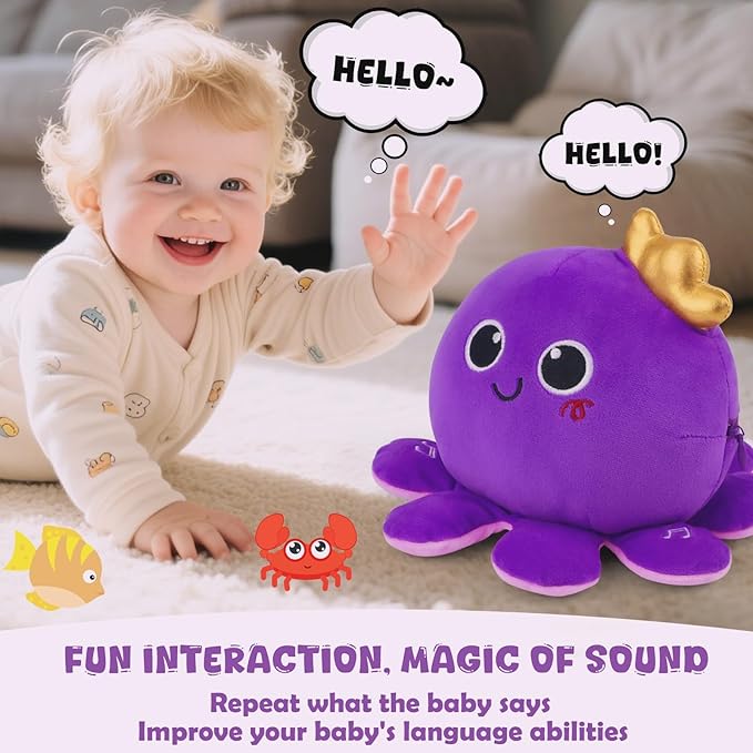 Octopus Baby Crawling Musical Interactive Toys with 97 Melodies, Talking Repeat Function Language Learning for Newborn Infant, Safe Plush Sensory Learning Montessori Toy for Toddlers Gift 0+ Months