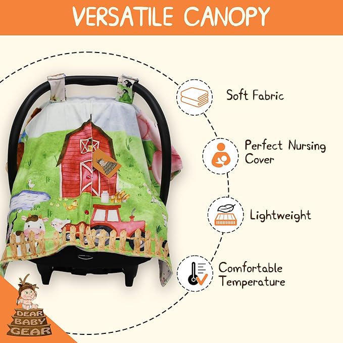 Dear Baby Gear Car Seat Cover for Boys & Girls - Baby Carseat Canopy w/Snap Opening - Infant Seat Cover - Stroller & Nursing Covers - Newborn Carrier Canopy - 40x30" (Barn with Animals Farm Life)