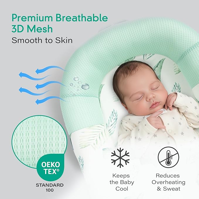 JollyBoo® Deluxe Infant Lounger Pillow - Baby Lounger 0-24 Months | Bamboo-Cotton Portable Baby Nest with Foldable Sunshade & 2 Plush Toys | Soft, Breathable Mesh for Cool, Safe Rest (Green Leaves)