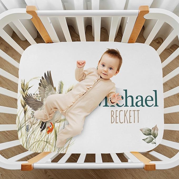 Personalized Mini Crib Sheets with Name, Custom Name Baby Pack and Play Sheets for Boys Girls, Name Pack n Play, Customized Soft Fitted Sheet with Name (Wild Duck), 39x27x5 Inch