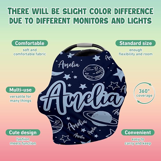 Custom Car Seat Covers for Babies - Breathable Blue Planet Baby Car Seat Cover for Girls Boys, Kick-Proof Newborn Carrier Canopy Stretchy Stroller Cover for 4 Seasons