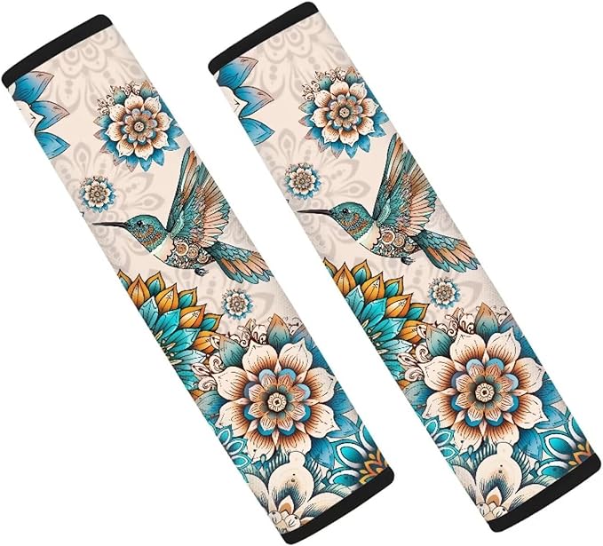 Biyejit Car Seat Belt Covers for Adults Kids, Seatbelt Cushions Pads Cover for Trucks SUV, Car Accessories Decorations 2Pcs, Boho Hummingbirds
