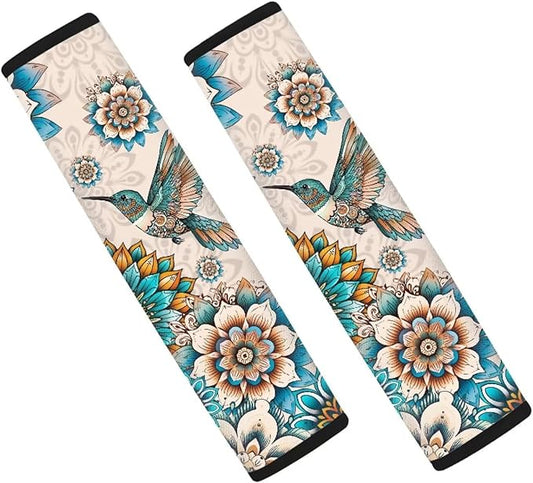 Biyejit Car Seat Belt Covers for Adults Kids, Seatbelt Cushions Pads Cover for Trucks SUV, Car Accessories Decorations 2Pcs, Boho Hummingbirds