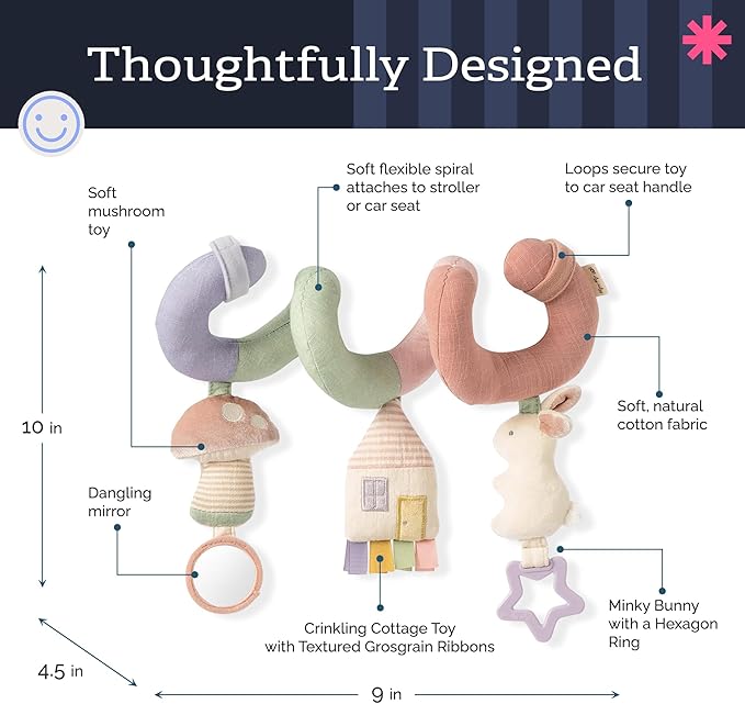 Itzy Ritzy Spiral Car Seat & Stroller Activity Toy - Stroller & Car Seat Toys for Ages 0 Months and Up - Hanging Toys Include Dangling Ring, Mirror and Textured Ribbons (Pastel Rainbow)