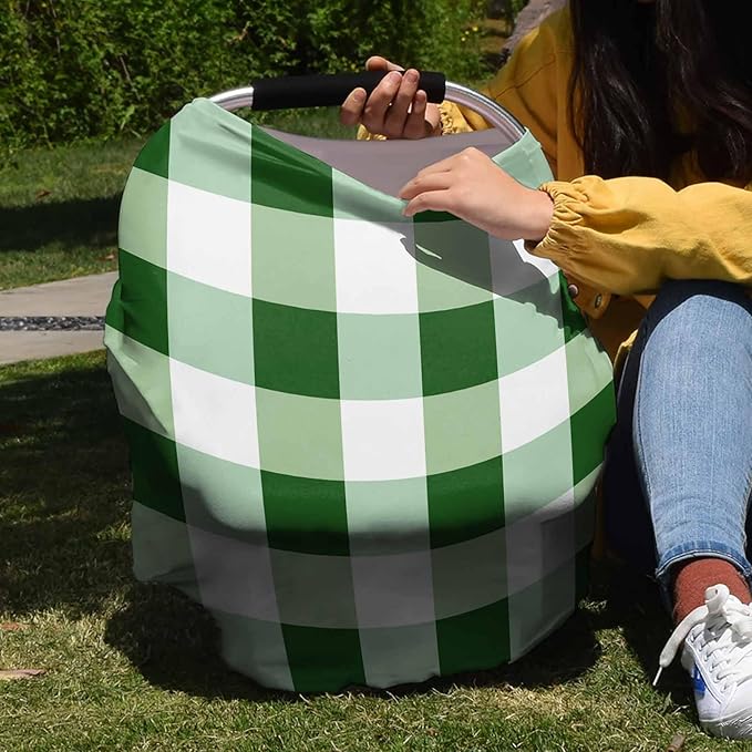 Green White Plaid Car Seat Covers for Babies, Buffalo Checkered Lattice Geometric Nursing Breastfeeding Covers Stretchy Breathable Baby Carseat Canopy Cover for Girls and Boys Shower Gifts