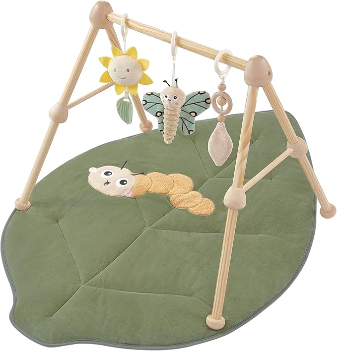 4-in-1 Wooden Baby Play Gym & Activity Mat, Soft Cotton Tummy Time Mat for Babies 0+,with 3 Detachable Toys for Sensory & Motor Skill Development,Newborn Infant Baby Essentials Gift,Leaf