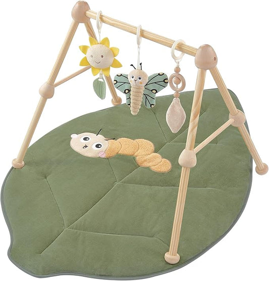 4-in-1 Wooden Baby Play Gym & Activity Mat, Soft Cotton Tummy Time Mat for Babies 0+,with 3 Detachable Toys for Sensory & Motor Skill Development,Newborn Infant Baby Essentials Gift,Leaf