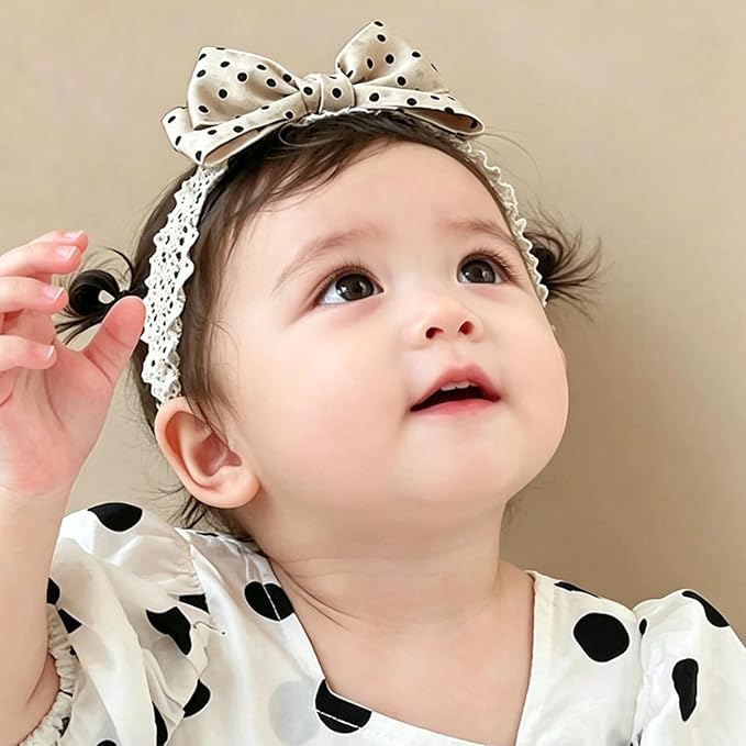 Baby Girls Hairbands Bow Lace Headband Handmade Soft Stretchy Pink Bowknot Hairbands Newborn Hairband with Bows Elastic Hair Bands for Kids Infant(Black and Ehite Polka Dot Bow