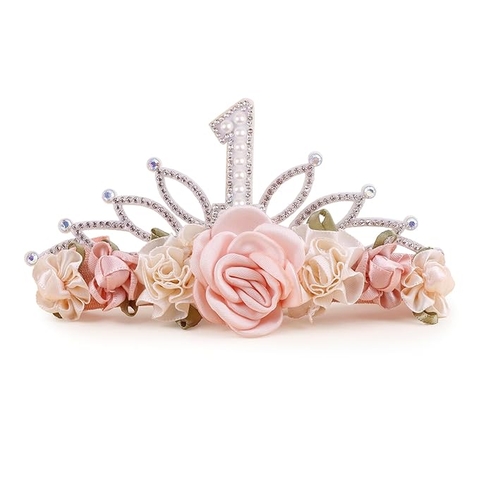 cherrboll Flower Headband Birthday Crown for Girl, Floral Nylon Hairband for 1-3 Years Old Toddler, First 1st Birthday Party Dress Photo Decoration Hair Accessory