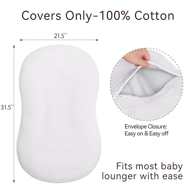 Muslin Baby Lounger Cover 1 Pack, Cotton Soft Breathable Infant Nest Slipcover, Envelope Closure, Compatible with Snuggle Me Loungers, Machine Washable, Cover Only, for Boys Girls(Gray)