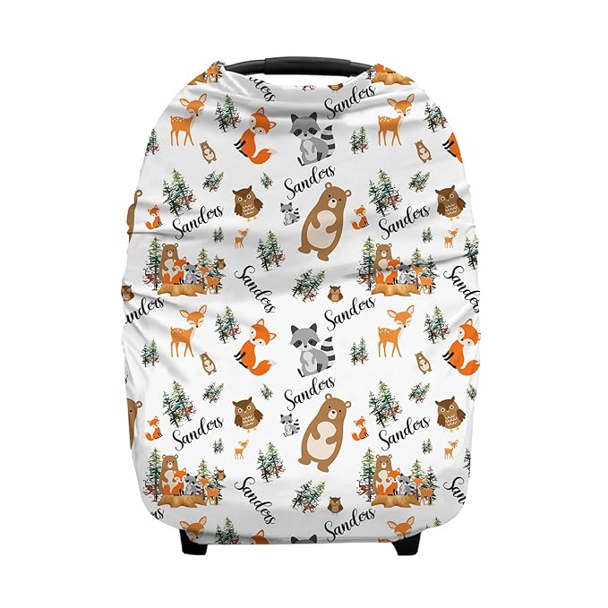 Personalized Baby Car Seat Cover for Boys Girls, Custom Woodland Animals Nursing Covers for Breastfeeding with Name, Infant Stroller Cover, Baby Carseat Canopy for Newborn, Multiuse Car Seat Canopies