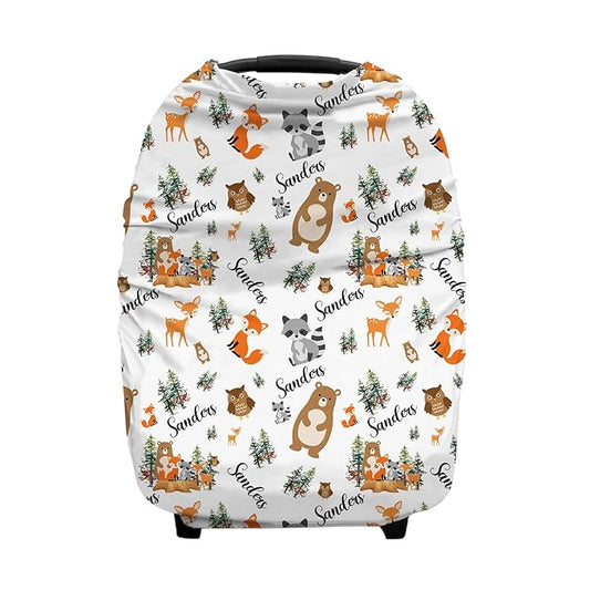 Personalized Baby Car Seat Cover for Boys Girls, Custom Woodland Animals Nursing Covers for Breastfeeding with Name, Infant Stroller Cover, Baby Carseat Canopy for Newborn, Multiuse Car Seat Canopies