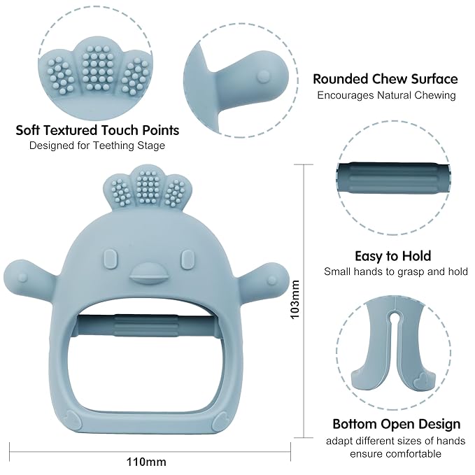 Baby Teether Toy for Infants 3–12 Months, Silicone Chew Toy with Easy Grip Handle, Textured Surface for Teething Stage, One-Piece Design, Lightweight Travel-Friendly (Chicken Dusty Blue)