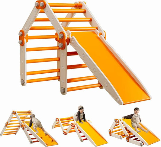 Indoor Jungle Gym,Kids Pikler Triangle Set,Multifunction Toddler Climbing Toys Foldable Montessori Play Gym with Slide(Orange)