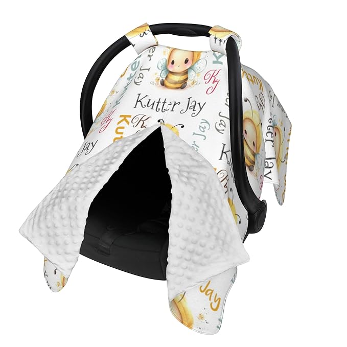 Personalized Winter Carseat Cover for Baby Custom Name Car Seat Canopy for Newborn Baby Boys Girls 2 in 1 Mom Nursing Breastfeeding Covers Bee Minky Baby Carrier Stroller Covers