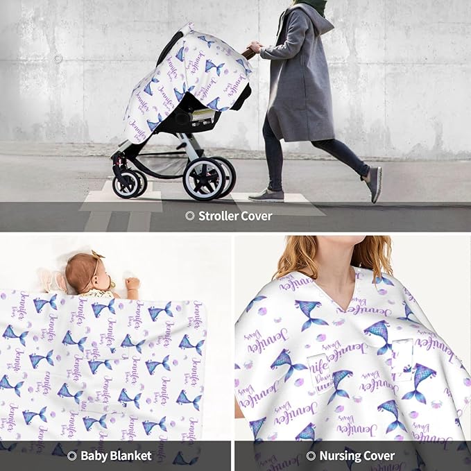 Personalized Baby Car Seat Canopy for Girls, Mermaid, Water Resistant, Universal Fit, Polyester, Car Seat Canopy
