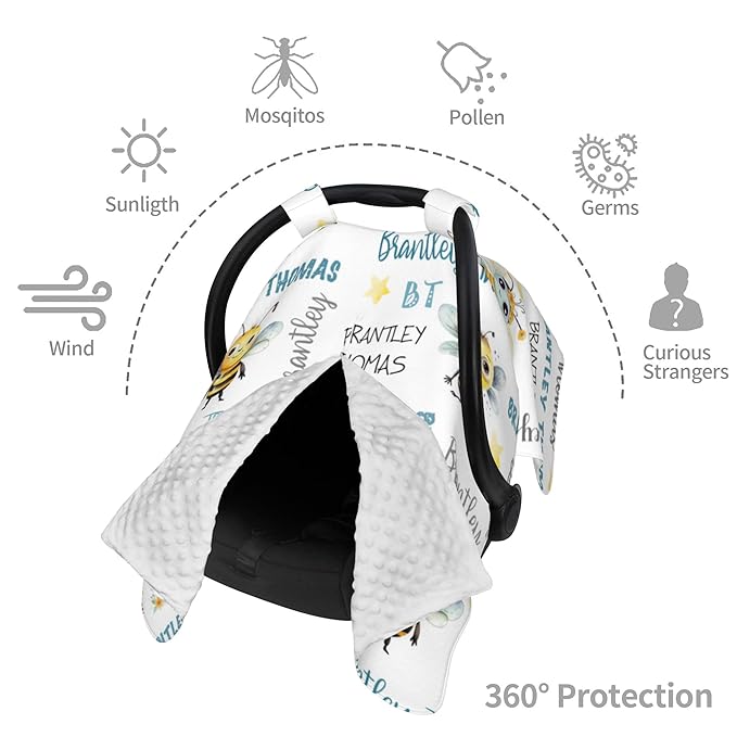 Custom Baby Car Seat Canopy Personalized Car Seat Covers with Name for Baby Boys Girls Customized Bee Nursing Breastfeeding Cover Infant Carseat Canopies Newborn Minky Baby Blanket