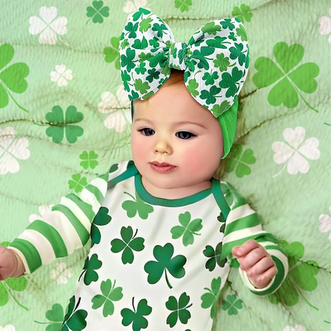 HAIRBAND, St.Patrick's Day Hair Accessories for Infant Baby Girls, Green Headbands with Bows, Shamrock Print, Nylon Hairbands, 2 Count