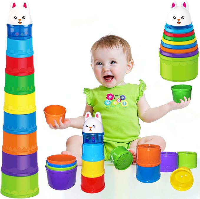 WEEJOYGAM Baby Stacking Cups, Nesting Stacking Toys for Toddlers 1-3 Montessori Toys for 1 Year Old Girl Boy Easter Basket Stuffers Birthday Gift 0-6 6-12 Month Cause and Effect Color Stack Blocks Set