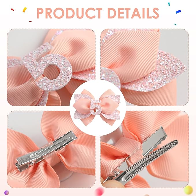 Glitter Birthday Hair Bow for Baby Girls 1 2 3 4 5 6 Years Peach Party Decoration Hair Accessories for Five 5th Birthday