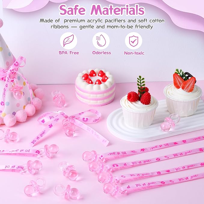 ZYFLSQ 36 Pieces Baby Shower Pacifiers Necklace, Cute Acrylic Pacifier Necklaces for Baby Shower Games Girls Charm, Party Favors, Decorations DIY, Gender Reveal Table Scatter(Pink)