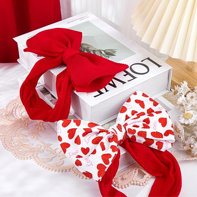 Valentines Baby Bow Headbands for Girls Waffle Tied Bow Hairbands Handmade Cute Red Love Heart Head Wraps Hair Accessories for Infant Toddler Kid 2Pcs