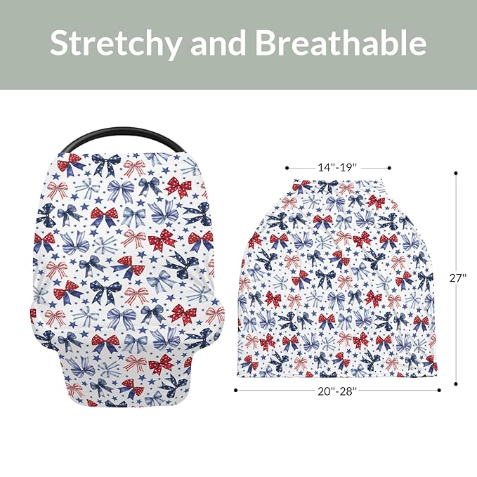 Red White & Blue Bows Baby Car Seat Covers Patriotic Ribbons Stars Stretchy 5-in-1 Cover Adjustable Car Canopy Cover Cute 4th of July Party Breathable Nursing Cover-Up