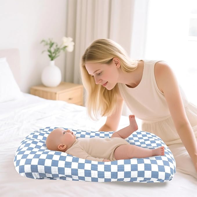 Hooyax Muslin Baby Lounger Cover 2 Pack - 100% Breathable Cotton Soft Infant Lounger Covers, Fits Most Standard Newborn Loungers & Pillows (Blue Checker+Star)