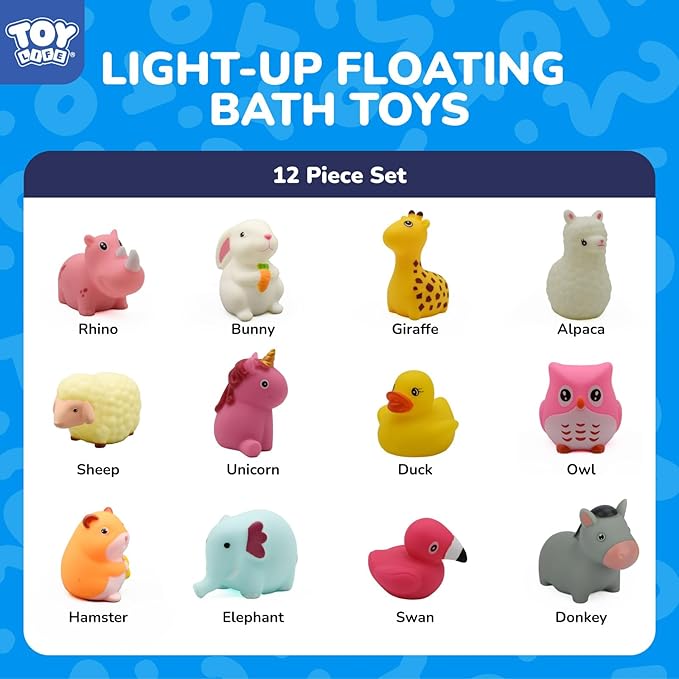 TOY Life 12 PCS Animals Light Up Bath Toys for Kids Ages 4-8, No Hole Glow Bath Toys for Kids, Baby Toddler Bath-Time, Bathtub Toy Gifts for Kids Girls Boys, Ideal for Shower, Bathtub, Pool