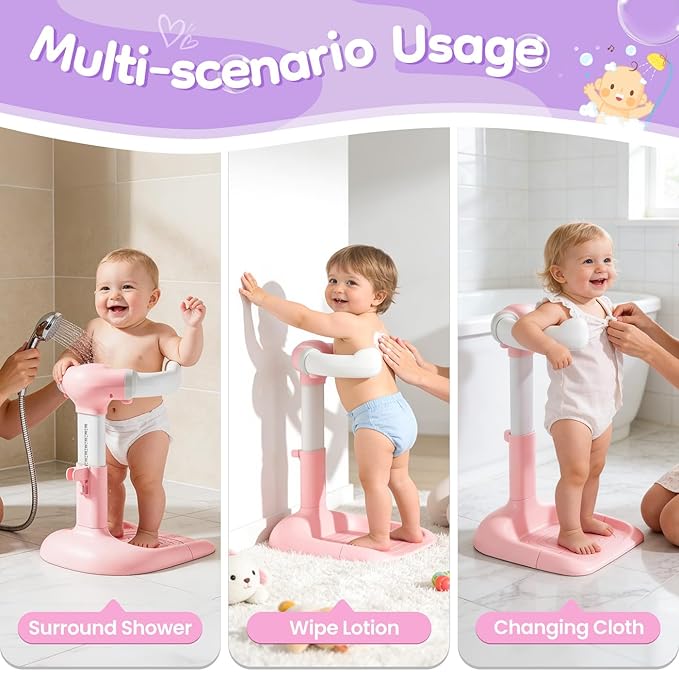 Upgraded Baby Shower Stand with Anti-Pinch Silicone & Anti-Slip Base, Adjustable Height Soporte para Bañera de Bebé, Baby Bath Standing Support Assist Holder for 6-36 Months Toddler, Ideal Gift, Pink