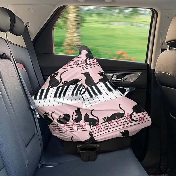AFPANQZ Black Cat Piano Stretchy Baby Car Seat Covers for Boys Girls Infant Car Canopy Spring Autumn Winter Snug Warm Breathable Windproof Open Peep Top Universal Fit