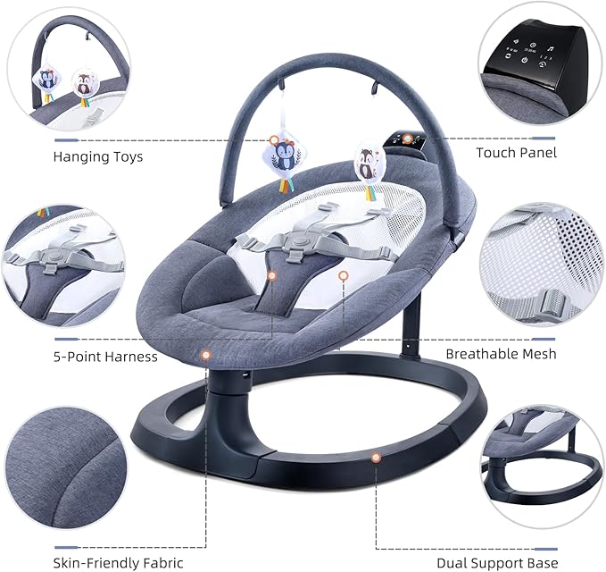 VaVaSoo 2-in-1 Baby Swing & Toddler Chair, Dual-Arm Support Rocking Seat up to 66 lbs, 3 Motion Modes, 8 Sounds, Touchscreen & Remote Control, Adjustable Recline, Dark Grey