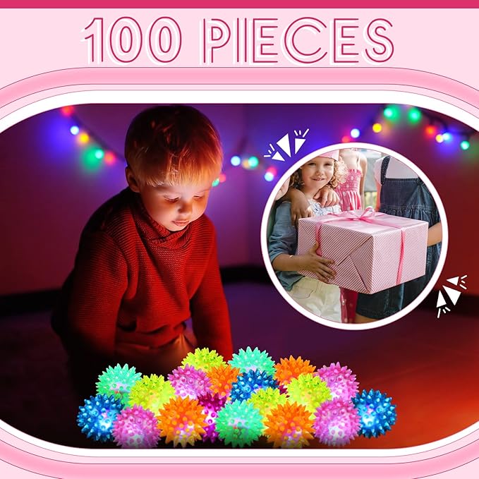 Charniol 100 Pack Light up Spike Rubber LED Spiky Ball Strobe Flashing Sensory Toy Bouncy Flash Stress Ball for Adults, Teens, 2.17 Inch