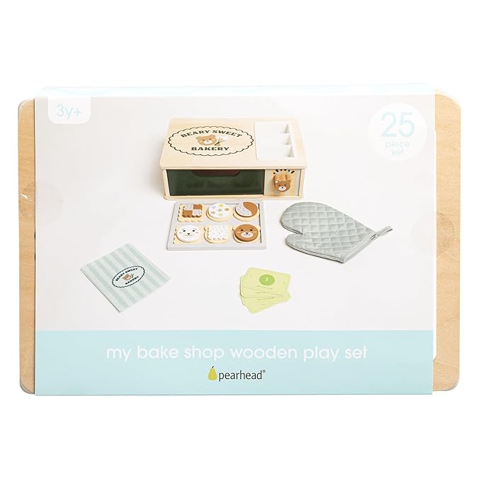 Pearhead Wooden Bakery Montessori Pretend Play Toy Set, 25-Piece Play Food Toy Oven and Cookie Baking Set Developmental Learning Toys, Kitchen Playset for Toddlers Girls and Boys Ages 3+ Years